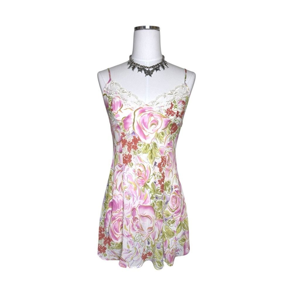 Y2K Victoria’s Secret Sheer Pastel Floral Lace Mini Slit Slip Dress Size Medium